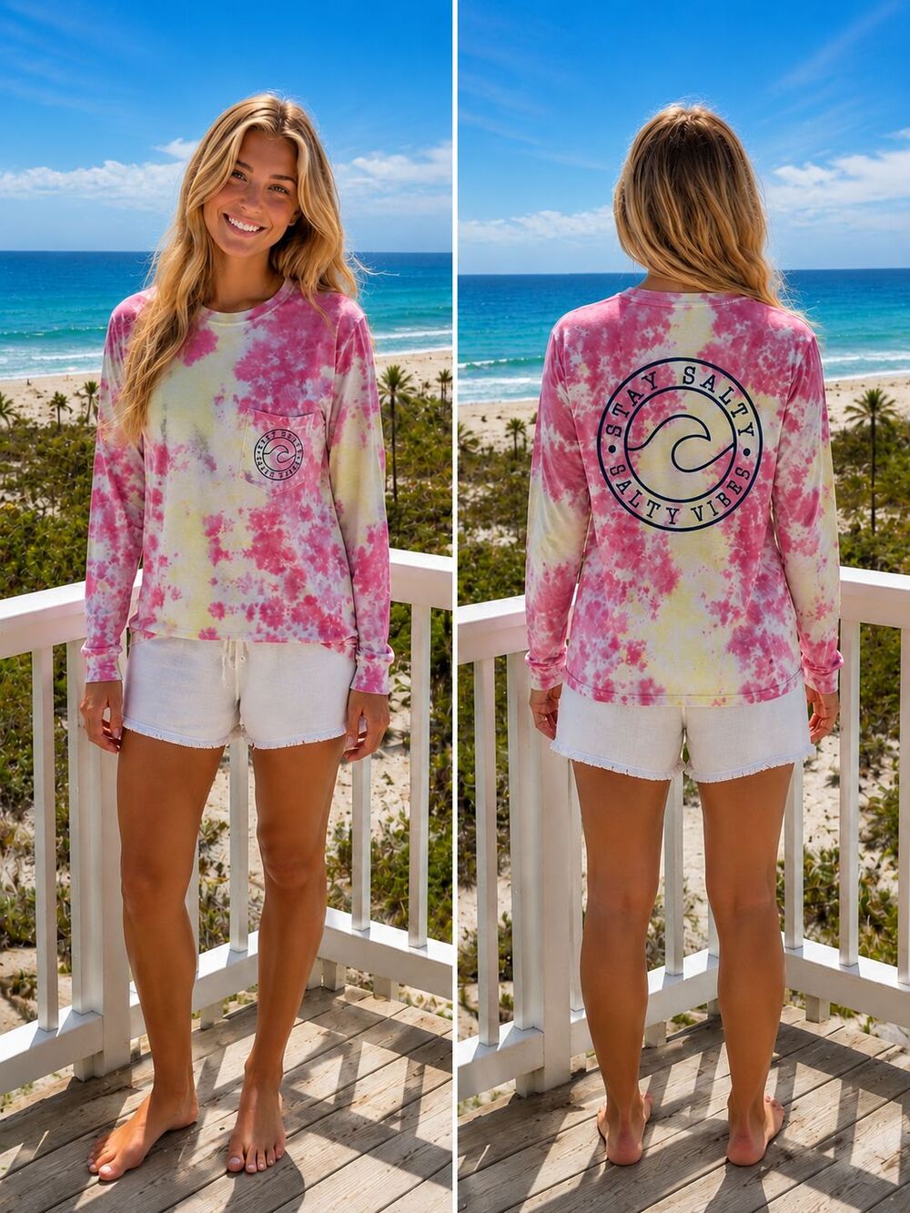 Southern Spirit Stay Salty Tie Dye Long Sleeve Pocket Tee Women’s Small Beach